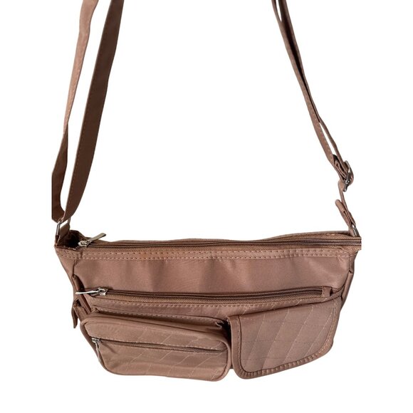 Light Brown Quilted Pocket Shoulder Bag With Adjustable Strap & Zip Closures - Picture 5 of 10